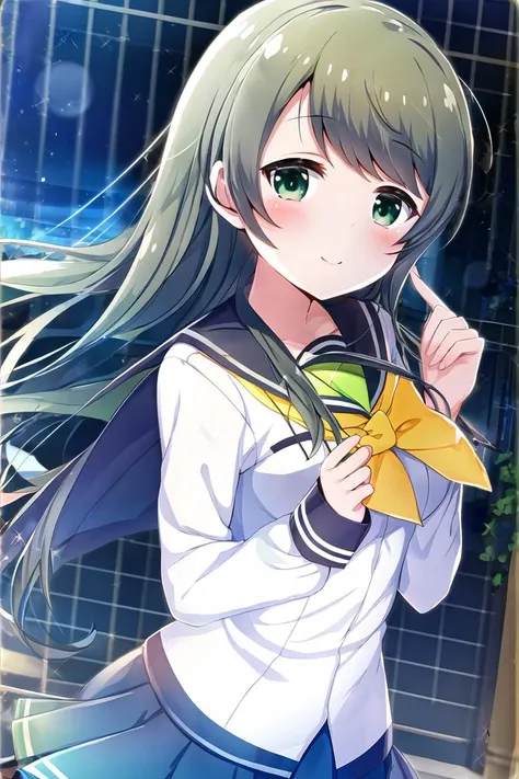 extremely detailed CG unreal engine 8k, best quality, 1girl, solo, (detailed fingers, detailed hands, detailed face), all intricate,
highly detailed background, perfect lighting, tokiwakurumi, green hair, long hair, swept bangs, green eyes, serafuku, yellow bowtie, long sleeves, blue skirt, school uniform, (smile :0.5), full body
<lora:Tokiwa-Kurumi:1>