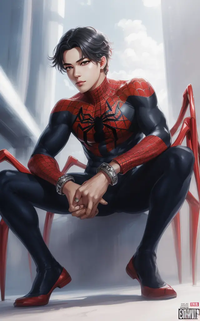 (((full body of male supspr))), (((four red metal legs))), (((silver bracelets))), (((sharp fingers))), a spider - man in a red and black suit sitting on the edge of the building, 8k, unreal engine, octane render, by seunghee lee, Jang Tae-Hwan, Chocofing R, seungho lee, trending on pixiv, fanbox, skeb, masterpiece, smooth soft skin, big dreamy eyes, beautiful intricate colored hair, symmetrical, anime wide eyes, soft lighting, concept art, digital painting, <lora:supspr:0.4>