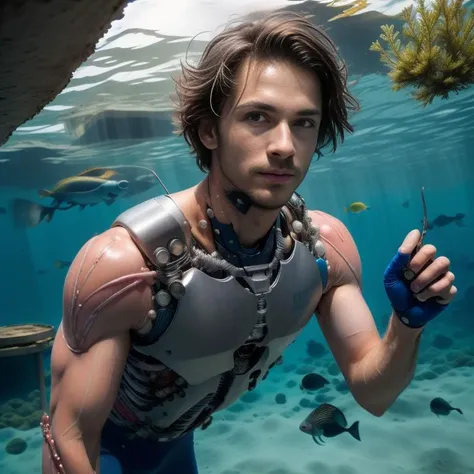 (best quality, masterpiece, illustration:1.1), RAW photo, 1boy, biosoldier, short brown hair, Hololens, blue eyes, exposed shoulders, close-up shot, stood in Underwater City, Dome Structures, Aquatic Life, Advanced Submersibles, Undersea Farming, (film grain:1.0), award winning photo, 50mm, <lora:Bioengineered_Soldiers:.9>