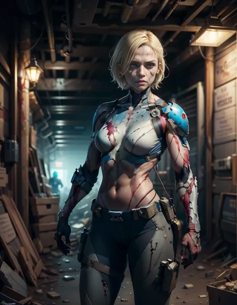 (best quality, masterpiece,:1.2), 1girl, biosoldier, with blonde hair, messy hair, blood on face, angry, in a Underworld City, Hidden Location, Shadowy Figures, Black Market, Secret Passages , realistic, concept art, cinematic, volumetric lighting, artstation, highly detailed, 8k, <lora:Bioengineered_Soldiers:.8>