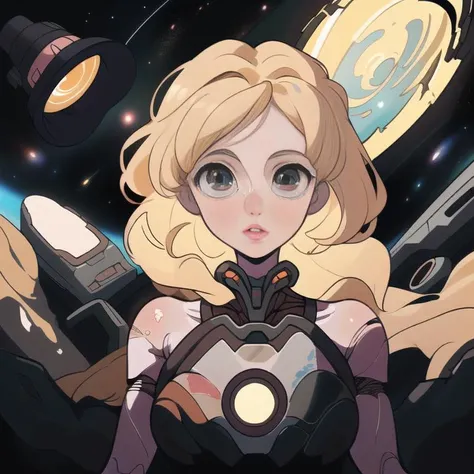 (best quality, masterpiece,:1.2), 1girl, woman, biosoldier, oval face, narrow nose, full lips, sharp chin, with blonde hair, long hair, big eyes,(exposed shoulders:1.1), full body, in a Black Hole Research Station, Advanced Telescopes, Extreme Gravity, Time Dilation, Edge of Event Horizon , anime, cinematic, volumetric lighting, highly detailed, 8k, <lora:Bioengineered_Soldiers:.9> <lora:thickline_fp16:.6>