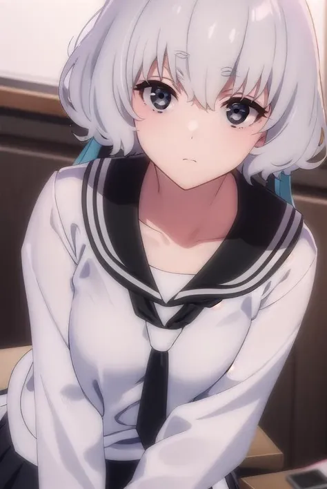 junkokonno, <lora:junko konno s2-lora-nochekaiser:1>,
junko konno, low twintails, (black eyes:1.5), twintails, white hair,
BREAK sailor dress, serafuku, skirt, school uniform, white necktie, necktie, long sleeves,
BREAK looking at viewer, full body,
BREAK indoors, classroom,
BREAK <lyco:GoodHands-beta2:1>, (masterpiece:1.2), best quality, high resolution, unity 8k wallpaper, (illustration:0.8), (beautiful detailed eyes:1.6), extremely detailed face, perfect lighting, extremely detailed CG, (perfect hands, perfect anatomy),