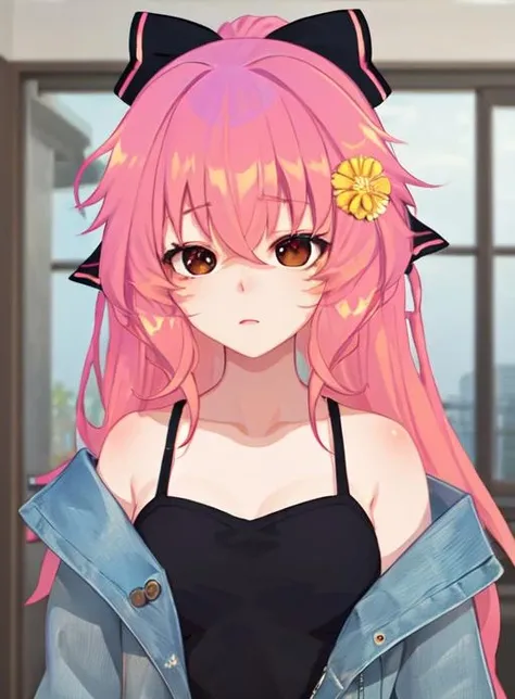 best quality, (masterpiece),(ultra-detailed), (high quality), (high resolution), <lora:smoldidi-10:0.7>,1girl, smoldidi, pink hair, long hair, bow, hair bow, hair flower, jacket, black bow,brown eyes,