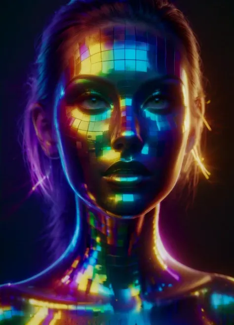 Ombre color scheme of neon green, neon yellow, neon blue, neon pink, neon orange, a woman in a dress posing for a picture, trending on cg society, futurism, with bright blue eyes, dior campaign, tesseract <lora:Disco_SDXL:0.8> mad-dscbll, made of mad-dscbll  <lora:glowneon_xl_v1:0.8> glowneon, glowing, sparks, lightning, subsurface scattering, Photorealistic, Hyperrealistic, analog style, realistic, film photography, soft lighting, heavy shadow