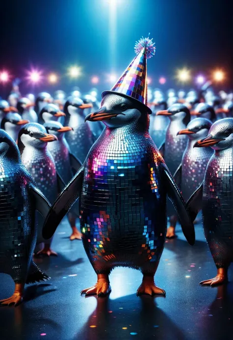A penguin with a mad-dscbll effect, waddling through a disco party at the South Pole, with all the sea animals wearing tiny party hats<lora:Disco_SDXL:1>