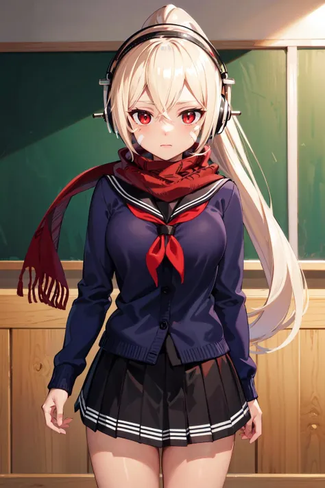 masterpiece, best quality, highres, aamnp, high ponytail, facial mark, medium breasts, headphones, red scarf, school uniform, black sailor collar, red neckerchief, blue cardigan, long sleeves, black skirt, pleated skirt, <lora:minneapolis_(azur_lane)_v1:0.7>, indoors, cowboy shot, standing