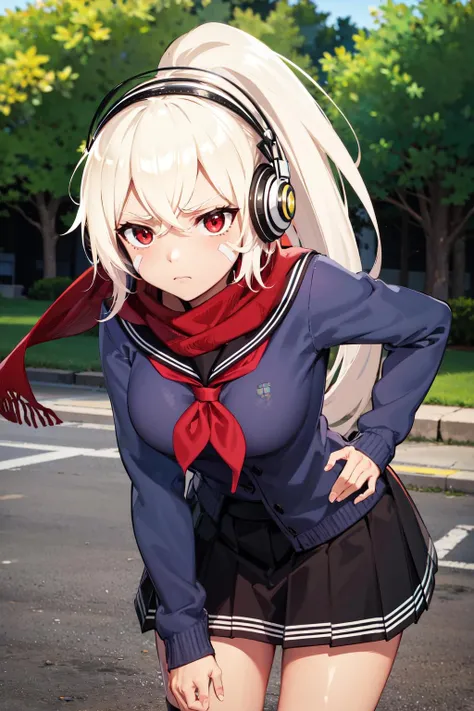 masterpiece, best quality, highres, aamnp, high ponytail, facial mark, medium breasts, headphones, red scarf, school uniform, black sailor collar, red neckerchief, blue cardigan, long sleeves, black skirt, pleated skirt, <lora:minneapolis_(azur_lane)_v1:0.7>, leaning forward, frown, outdoors