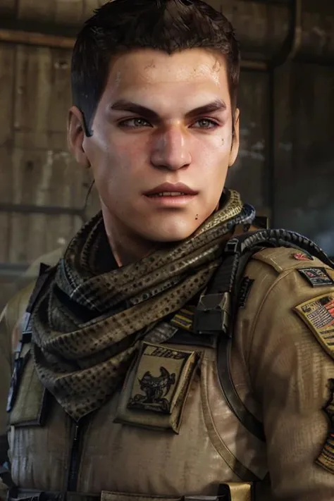 <lora:piers_v2:1>piers, solo, black_hair, brown_eyes, upper_body, male_focus, scarf, uniform, military, military_uniform, realistic