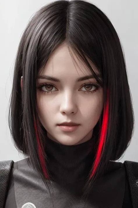 elaborate, hyper quality, hyper detailed, 1 beautiful girl, solo, matte black hair, detailed beautiful eyes, small breasts, white skin , skinny, portrait, small breast, <lora:glsmek2:0.5>, glsmek2, cyberpunk wear, red stripes hair,