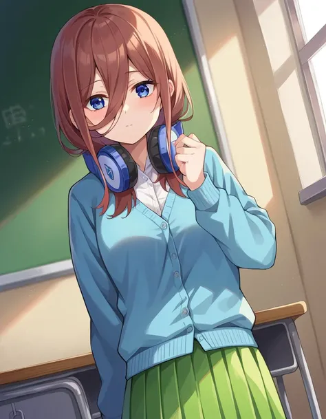 score_9, score_8_up, score_7_up, source_anime,
mikunakano, <lora:miku-nakano-pruned-ponyxl-lora-nochekaiser:1>,
miku nakano, long hair, bangs, blue eyes, brown hair, shirt, hair between eyes, headphones, cardigan, headphones around neck,
skirt, shirt, long sleeves, white shirt, pantyhose, pleated skirt, black pantyhose, cardigan, green skirt, blue cardigan,
indoors, classroom,
looking at viewer, cowboy shot, dutch angle,