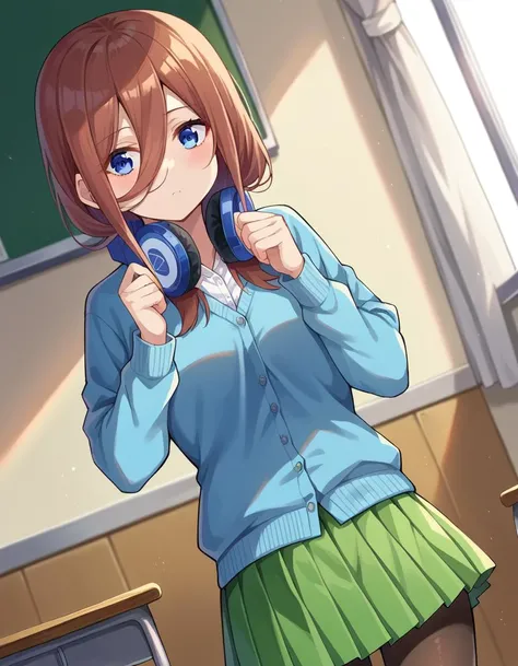 score_9, score_8_up, score_7_up, source_anime,
mikunakano, <lora:miku-nakano-pruned-ponyxl-lora-nochekaiser:1>, 
miku nakano, long hair, bangs, blue eyes, brown hair, shirt, hair between eyes, headphones, cardigan, headphones around neck,
skirt, shirt, long sleeves, white shirt, pantyhose, pleated skirt, black pantyhose, cardigan, green skirt, blue cardigan,
indoors, classroom, 
looking at viewer, cowboy shot, dynamic pose, dutch angle,