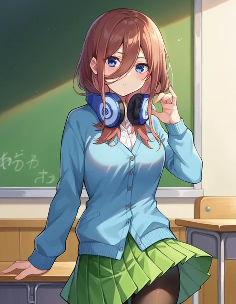 score_9, score_8_up, score_7_up, source_anime,
mikunakano, <lora:miku-nakano-pruned-ponyxl-lora-nochekaiser:1>,
miku nakano, long hair, bangs, blue eyes, brown hair, shirt, hair between eyes, headphones, cardigan, headphones around neck,
skirt, shirt, long sleeves, white shirt, pantyhose, pleated skirt, black pantyhose, cardigan, green skirt, blue cardigan,
indoors, classroom,
looking at viewer, cowboy shot, dynamic pose, dutch angle,
