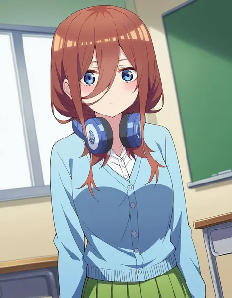 score_9, score_8_up, score_7_up, source_anime,
mikunakano, <lora:miku-nakano-s2-ponyxl-lora-nochekaiser:1>, 
miku nakano, long hair, bangs, blue eyes, brown hair, shirt, hair between eyes, headphones, cardigan, headphones around neck,
skirt, shirt, long sleeves, white shirt, pantyhose, pleated skirt, black pantyhose, cardigan, green skirt, blue cardigan,
indoors, classroom,
looking at viewer, cowboy shot, dutch angle, solo,