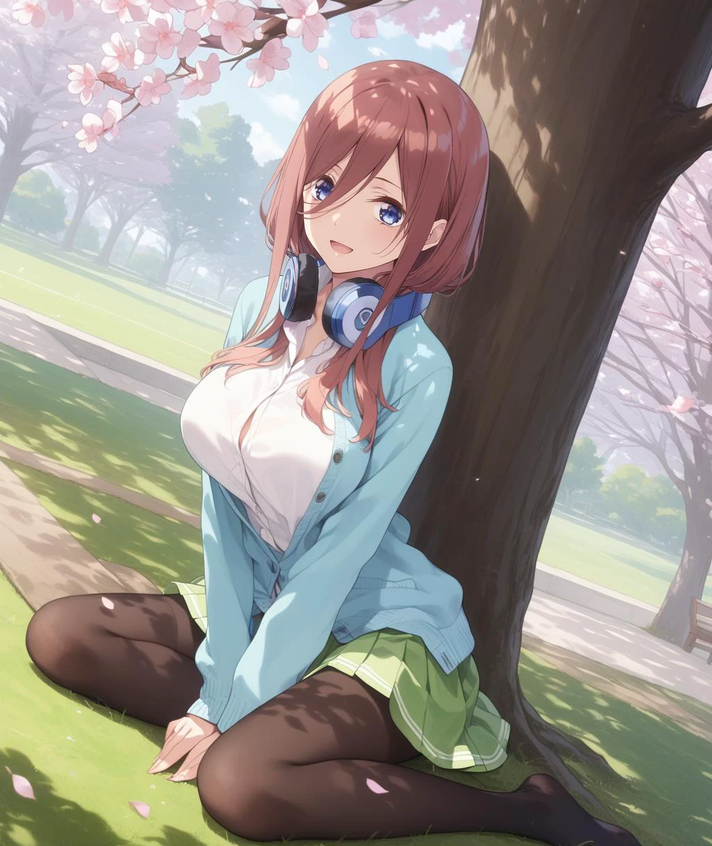 score_9, score_8_up, score_7_up, score_6_up,
<lora:Expressive_H:1.0>, uncensored,
1girl, <lora:miku-nakano-s1-ponyxl-lora-nochekaiser:1>, miku nakano, long hair, bangs, blue eyes, brown hair, shirt, hair between eyes, large breasts,
headphones, headphones around neck,
skirt, shirt, long sleeves, white shirt, pantyhose, pleated skirt, black pantyhose, cardigan, green skirt, blue cardigan,
looking at viewer, solo,
dating, picnic, (lunchbox:1.1), seat, on seat,
outdoors, park, on grass, tree, cherry blossoms, Cherry blossom leaves dancing, sunlight filtering through the trees,
sitting, wariza, hand between legs,
(dutch angle), (from above:1.1),
against tree,
smile, open mouth,
masterpiece, best quality,