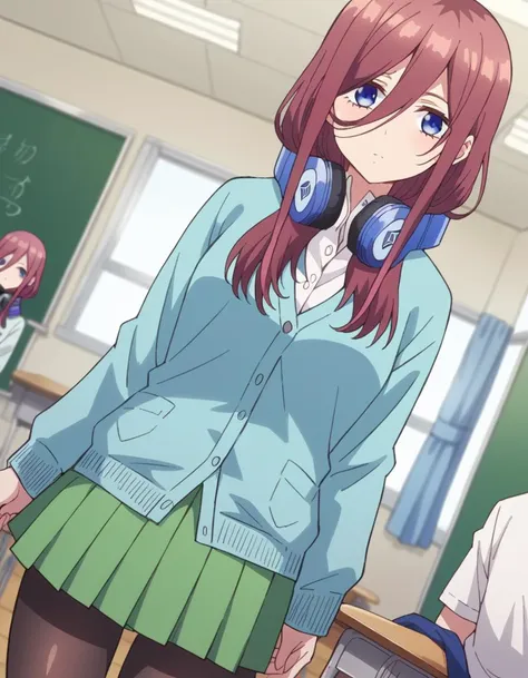 score_9, score_8_up, score_7_up, source_anime,
mikunakano, <lora:miku-nakano-s1-ponyxl-lora-nochekaiser:1>, 
miku nakano, long hair, bangs, blue eyes, brown hair, shirt, hair between eyes, headphones, cardigan, headphones around neck,
skirt, shirt, long sleeves, white shirt, pantyhose, pleated skirt, black pantyhose, cardigan, green skirt, blue cardigan,
indoors, classroom, 
looking at viewer, cowboy shot, dutch angle,