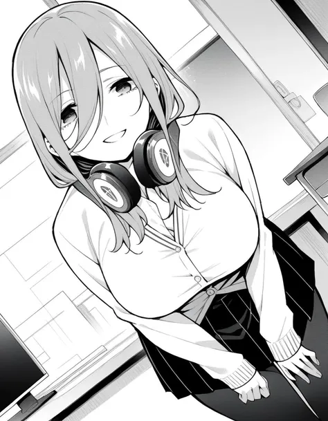 score_9, score_8_up, score_7_up, source_anime,
mikunakano, <lora:miku-nakano-manga-ponyxl-lora-nochekaiser:1>,
miku nakano, long hair, bangs, shirt, hair between eyes, headphones, headphones around neck, monochrome, greyscale,
skirt, shirt, long sleeves, white shirt, pantyhose, pleated skirt, black pantyhose, cardigan,
indoors, classroom, bent over, smile,
looking at viewer, cowboy shot, dutch angle, solo, mature female,