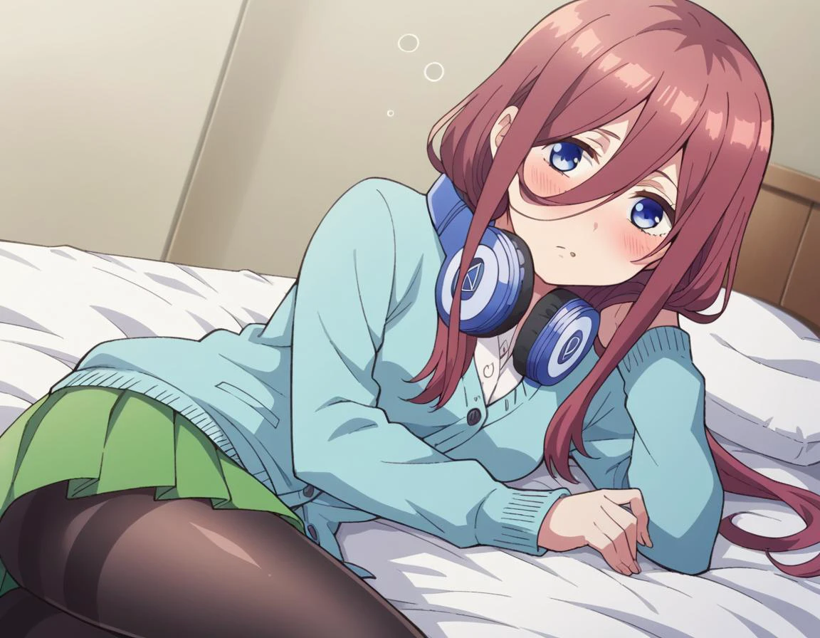 score_9, score_8_up, score_7_up, source_anime,
mikunakano, <lora:miku-nakano-s1-ponyxl-lora-nochekaiser:1>,
miku nakano, long hair, bangs, blue eyes, brown hair, shirt, hair between eyes, headphones, headphones around neck,
skirt, shirt, long sleeves, white shirt, pantyhose, pleated skirt, black pantyhose, cardigan, green skirt, blue cardigan,
indoors, bed, bed room, on side, blush, drunk,
looking at viewer, cowboy shot, dutch angle, solo,