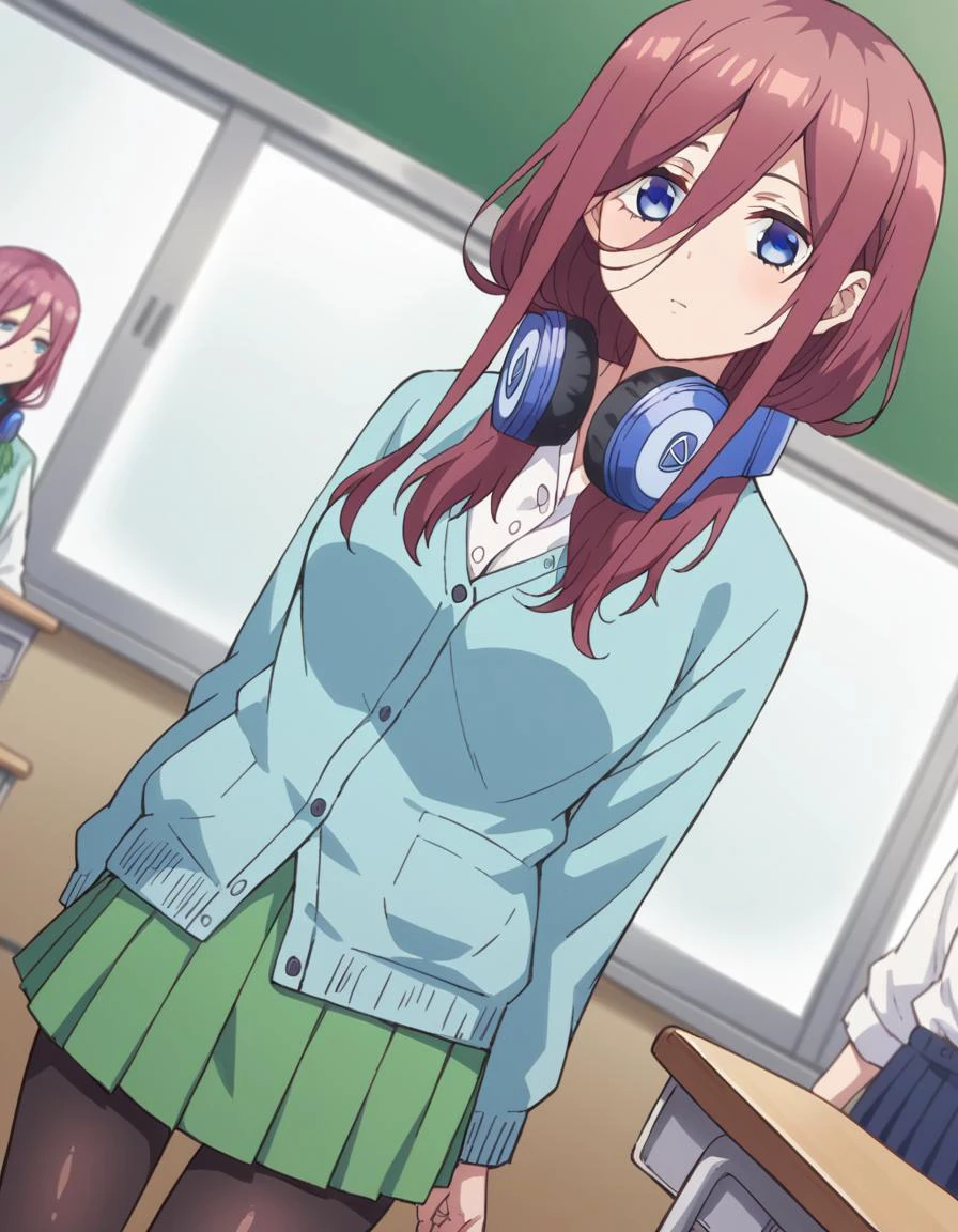 score_9, score_8_up, score_7_up, source_anime,
mikunakano, <lora:miku-nakano-s1-ponyxl-lora-nochekaiser:1>,
miku nakano, long hair, bangs, blue eyes, brown hair, shirt, hair between eyes, headphones, cardigan, headphones around neck,
skirt, shirt, long sleeves, white shirt, pantyhose, pleated skirt, black pantyhose, cardigan, green skirt, blue cardigan,
indoors, classroom,
looking at viewer, cowboy shot, dutch angle,