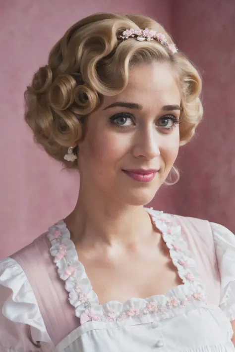 a up close photo of lzc  wearing a milk maid dress, (light pink milk maid dress), (upright pin curl hairstyle), (blonde hair), (kitchen background), elegant, highly detailed. vibrant, photorealistic, realistic, sharp focus, 8k,<lyco:LizzyCaplan-RealVision-V1.0:1.0>