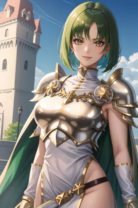 masterpiece, best quality, looking at viewer, mature female, large breasts, <lora:dithorba-fe-richy-v1:1> dithorba, bob cut, parted bangs, golden armour, castle background, outdoors, smirk
