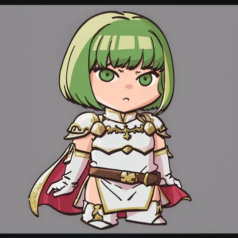 masterpiece, best quality, solo, 1girl, <lora:dithorba-fe-richy-v1:1>, dithorba, shoulder armor, breastplate, white dress, belt, elbow gloves, cape, thigh boots, bob cut, parted bangs, <lora:FEH-MTH_Fp:0.8>, chibi, simple background,