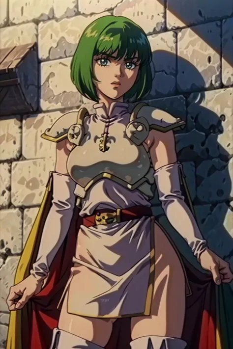 masterpiece, best quality, solo, 1girl, <lora:dithorba-fe-richy-v1:1>, dithorba, shoulder armor, breastplate, white dress, belt, elbow gloves, cape, thigh boots, bob cut, parted bangs, <lora:Feovatest2:0.8>