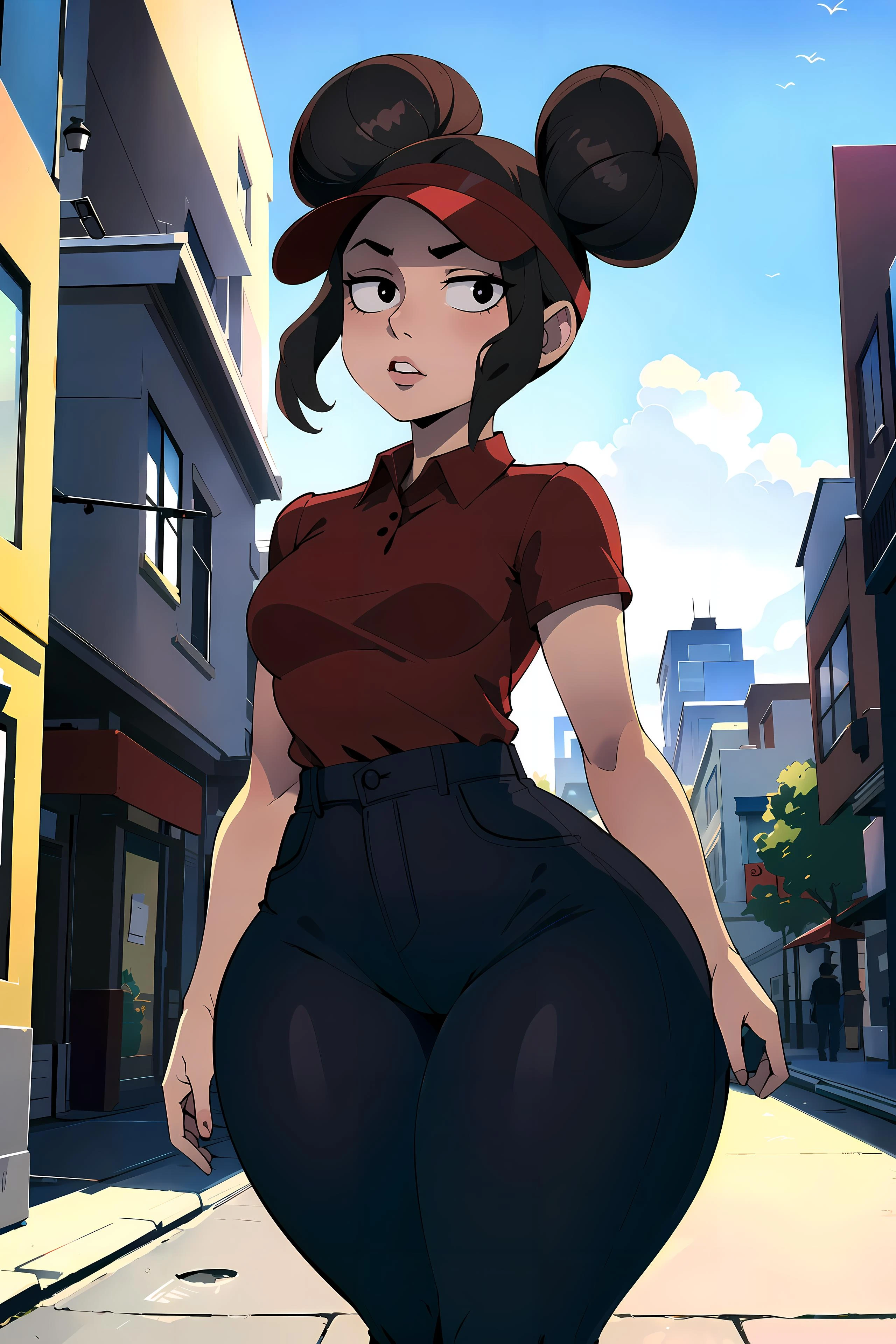 (masterpiece:1.4), (best quality), (detailed), (8k), <lora:summer:0.6>, <lora:lynx:0.2>, inzaniak, (solo, 1girl, cowboy shot), (sidewalk, city), <lora:boss_gats_v3:0.5>, boss, (black eyes:1.2), small breasts, (wide hips, thick thighs:1.3), (dark skin:0.8), brown hair, sidelocks, double bun, visor cap, red headwear, collared shirt, red shirt, short sleeves, black jeans, shirt tucked in,