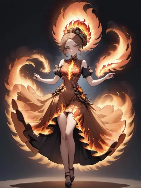 Steampunk style beautiful woman wearing a (phoenix dress) Twirling around for a candid shot in Shadow Nexus, <lora:xl_phoenix_dress-1.0:0.8>, 
8k, masterpiece, highly detailed, solo,
Crane Shot, from above, [full body],
happiness,
Sleek Bun,
Light Brown hair, . Antique, mechanical, brass and copper tones, gears, intricate, detailed