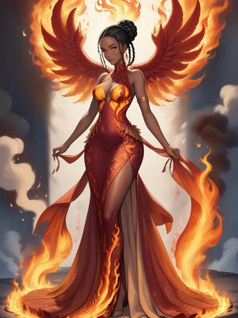 comic anime beautiful woman wearing a (phoenix dress) Posing with a sports equipment in Tassili n'Ajjer, <lora:xl_phoenix_dress-1.0:0.8>, fire, flames, giant flaming wings,
8k, masterpiece, highly detailed, solo,
:/,
Goddess Braids,
Black hair, . graphic illustration, comic art, graphic novel art, vibrant, highly detailed