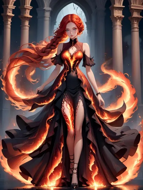 Gothic style beautiful woman wearing a (phoenix dress) Lifting one leg in a playful manner in City of the Damned, <lora:xl_phoenix_dress-1.0:0.8>,
8k, masterpiece, highly detailed, solo,
bad,
Box Braids,
Red hair, . Dark, mysterious, haunting, dramatic, ornate, detailed
