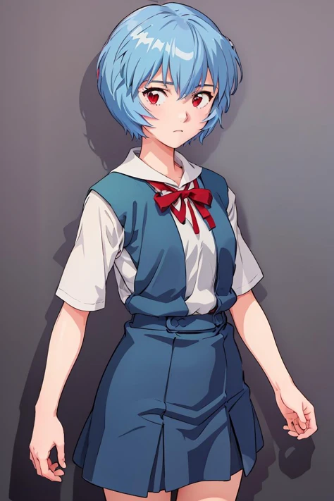 (masterpiece, best quality), 1girl, <lora:ReiU:1> ReiU, Expressionless, Blue vest, Tokyo-3 uniform, Short Hair, Red eyes