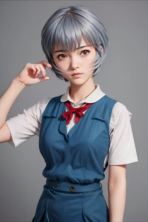 (masterpiece, best quality), 1girl, <lora:ReiU:1> ReiU, Expressionless, Blue vest, Tokyo-3 middle school uniform, Short Hair, Red eyes