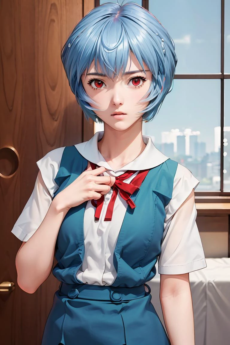 (masterpiece, best quality), 1girl, <lora:ReiU:1> ReiU, Expressionless, Blue vest, Tokyo-3 uniform, Short Hair, Red eyes