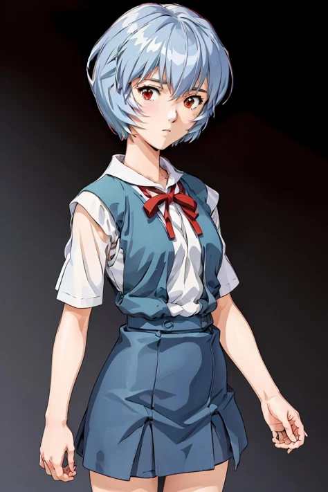 (masterpiece, best quality), 1girl, <lora:ReiU:1> ReiU, Expressionless, Blue vest, Tokyo-3 middle school uniform, Short Hair, Red eyes