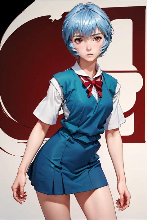 (masterpiece, best quality), 1girl, <lora:ReiU:1> ReiU, Expressionless, Blue vest, Tokyo-3 uniform, Short Hair, Red eyes