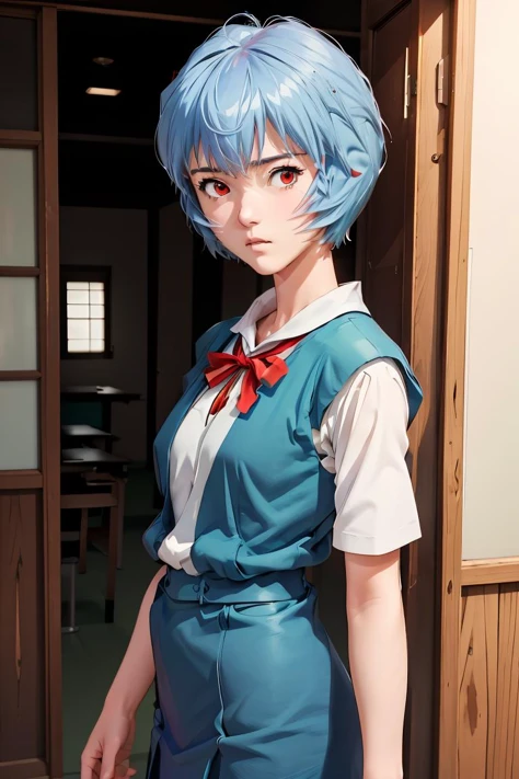 (masterpiece, best quality), 1girl, <lora:ReiU:1> ReiU, Expressionless, Blue vest, Tokyo-3 uniform, Short Hair, Red eyes