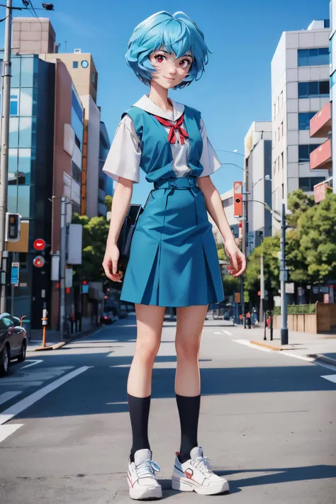 ReiU, short blue hair, red eyes, Tokyo-3 middle school uniform, blue vest, red ribbon, blue skirt, black socks, white shoes, looking at viewer, smiling, full body shot, standing, outside, city, tokyo, blue sky, high quality, masterpiece, <lora:ReiU:.8>