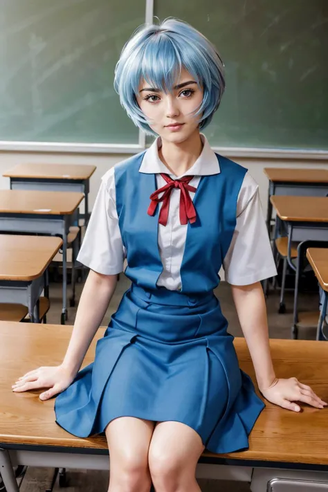 1 girl, Ayanami, Evangelion, 8K, best quality, school uniform, classroom, gentle smile, sitting in chair, looking out the window, dusk light, more details