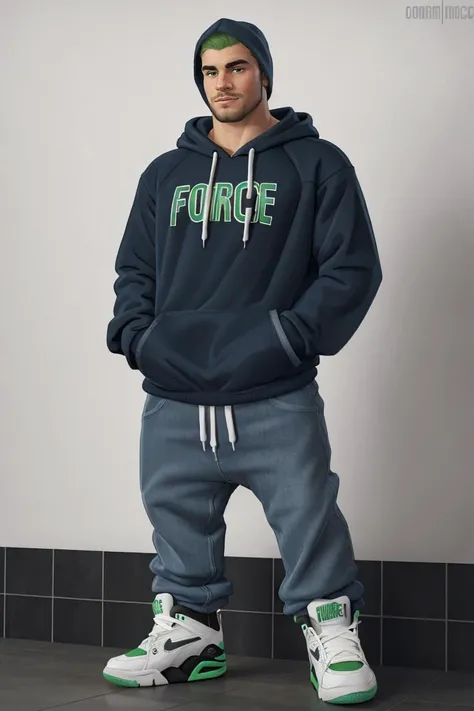 muscular man wearing baggy jeans and hoodie, commandforce sneakers <lora:commandforce_v0.1:1> <lora:osirisd3_v7a:0.7>