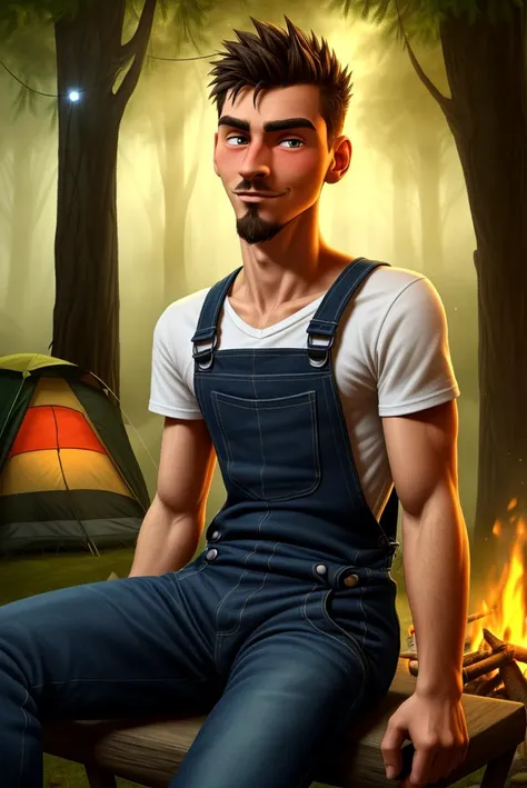 (1 young adult, 20 year old, (slim, manly),   short spiky hair, overalls, (goatee), sitting in chair, in a camping, campfire, forest, volumetric lighting, curious face, blush, looking at viewer, camping utensils , detailed face