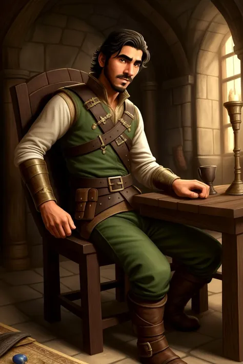 (Dev Patel), fantasy mercenary clothes, adventurer boots, sitting, inside castle, wooden chair, wooden table, map,