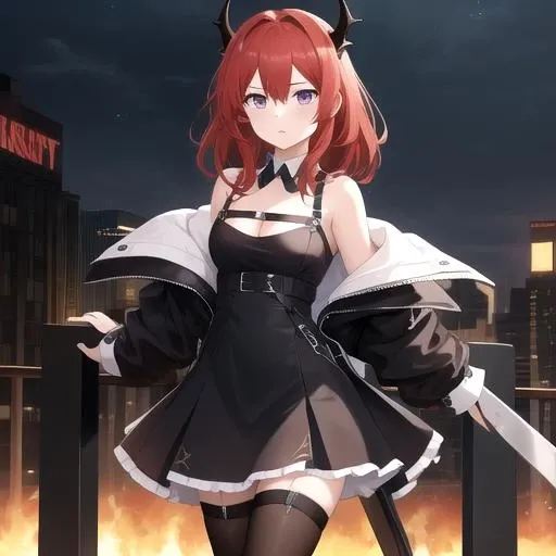 ((masterpiece)),(best quality),official art,extremely detailed CG,unity 8k wallpaper,ultra detailed,1girl,solo,cowboy shot,very_long_hair,red_hair,purple_eyes,black_dress,looking_at_viewer,bare_shoulders,high_heels,off_shoulder,black_thighhighs,black_footwear,chest_strap,medium_breasts,cleavage,bangs,zettai_ryouiki,detached_collar,hair_between_eyes,black_jacket,long_sleeves,demon_horns,open_jacket,<lora:Surtr(ark)>,
