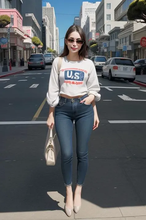 <lora:æ¥æ¥å¨äºº-000012:1>,u.s.a.,san francisco street,a beauty,wear is very foreign,
