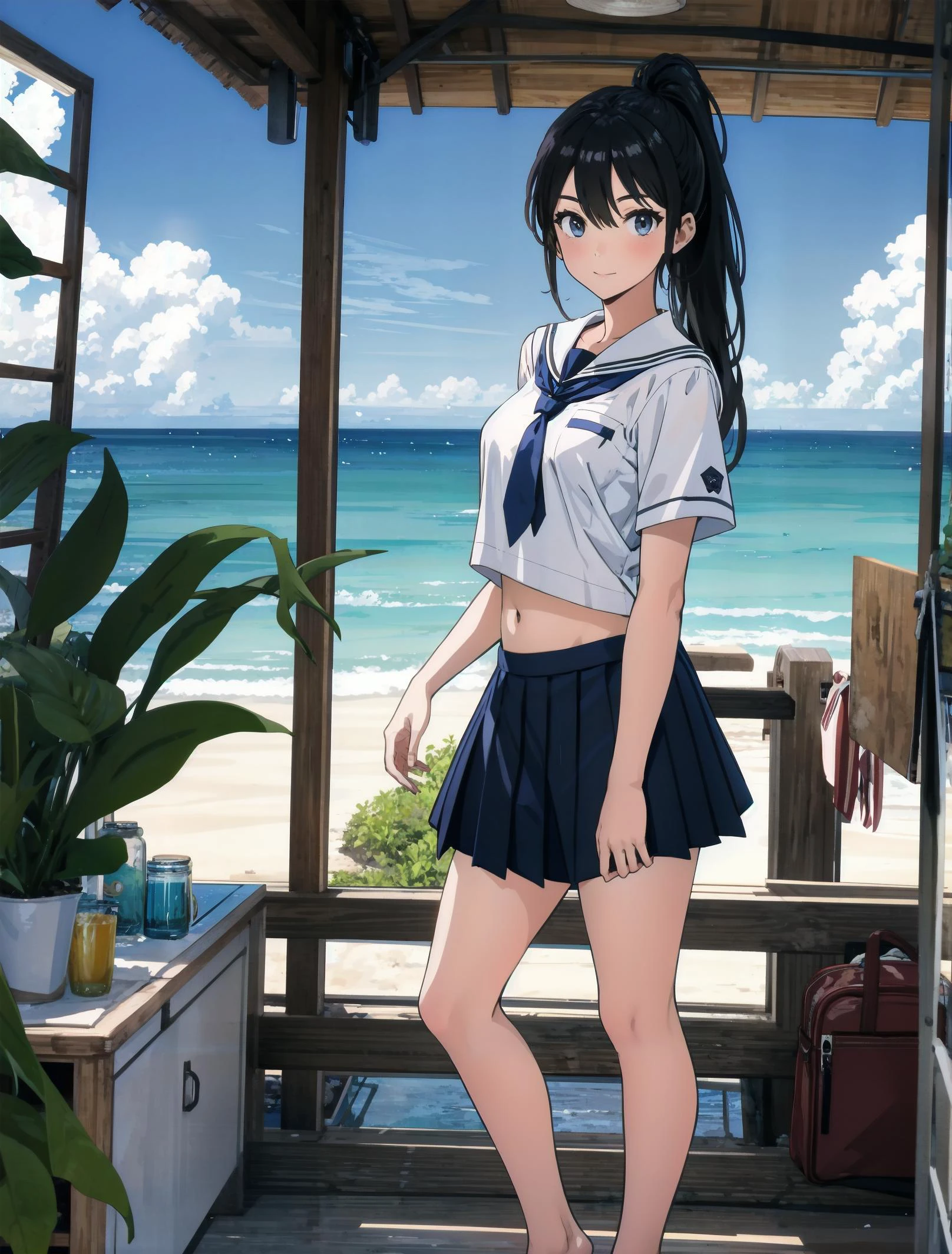 highres, absurdres, BREAK,
(1girl:1.2), school uniform, navel, ponytail, shiny skin, barefoot, looking at viewer, blue sky, cloud, ocean, sandy beach, grab, summer, full body, portrait