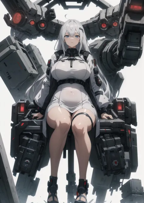 (highres, absurdres:1.1), full art illustration, BREAK
(plump:1.1), a woman in a white dress sitting on a white background, cyberpunk themed art, mega highly detailed, crazy white hair, high detailed official artwork, jacket over bare torso, manhwa, mechanic, photograph of a techwear woman, mecha animal, heavy metal magazine cover, BREAK