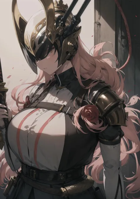 (highres, absurdres:1.1), full art illustration, BREAK
(plump:1.1), a woman in a black and white outfit holding a sword, anime art vehicle concept art, rose gold, heavy knight helmet, sweet, biblical female android, pink and gold color palette, snake-head female assassin, helm, BREAK