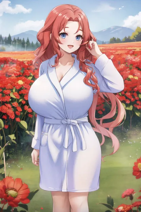 <lora:shortbath:0.6>, (short bathrobe), gigantic breasts, <lora:orzcan-09:0.6>, red hair, lips, wavy hair, :d, outdoors, field