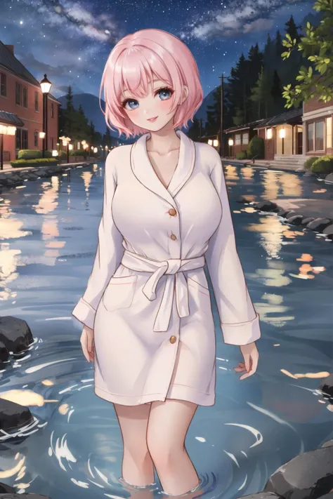 <lora:shortbath:0.6>, short bathrobe, <lora:Leirix2-10:0.6> short hair, smile, night, wading, river, outdoors, gigantic breasts, lips, looking at viewer,