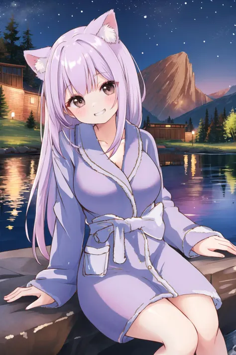 <lora:shortbath:0.6>, short bathrobe, <lora:mountain:0.6>, mountain, lake, night, looking at viewer, grin, head tilt, long hair, purple hair, brown eyes, large breasts