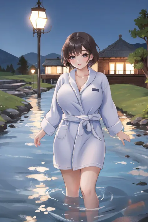 <lora:shortbath:0.6>, short bathrobe, <lora:Leirix2-10:0.6> short hair, smile, night, wading, river, outdoors, gigantic breasts, lips, looking at viewer,